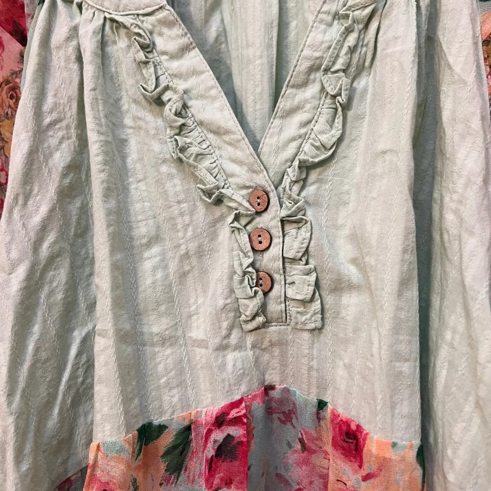 Gigio USA Floral Patchwork Tunic Top Green Boho Ruffle Blouse Medium Sheer - Picture 6 of 8